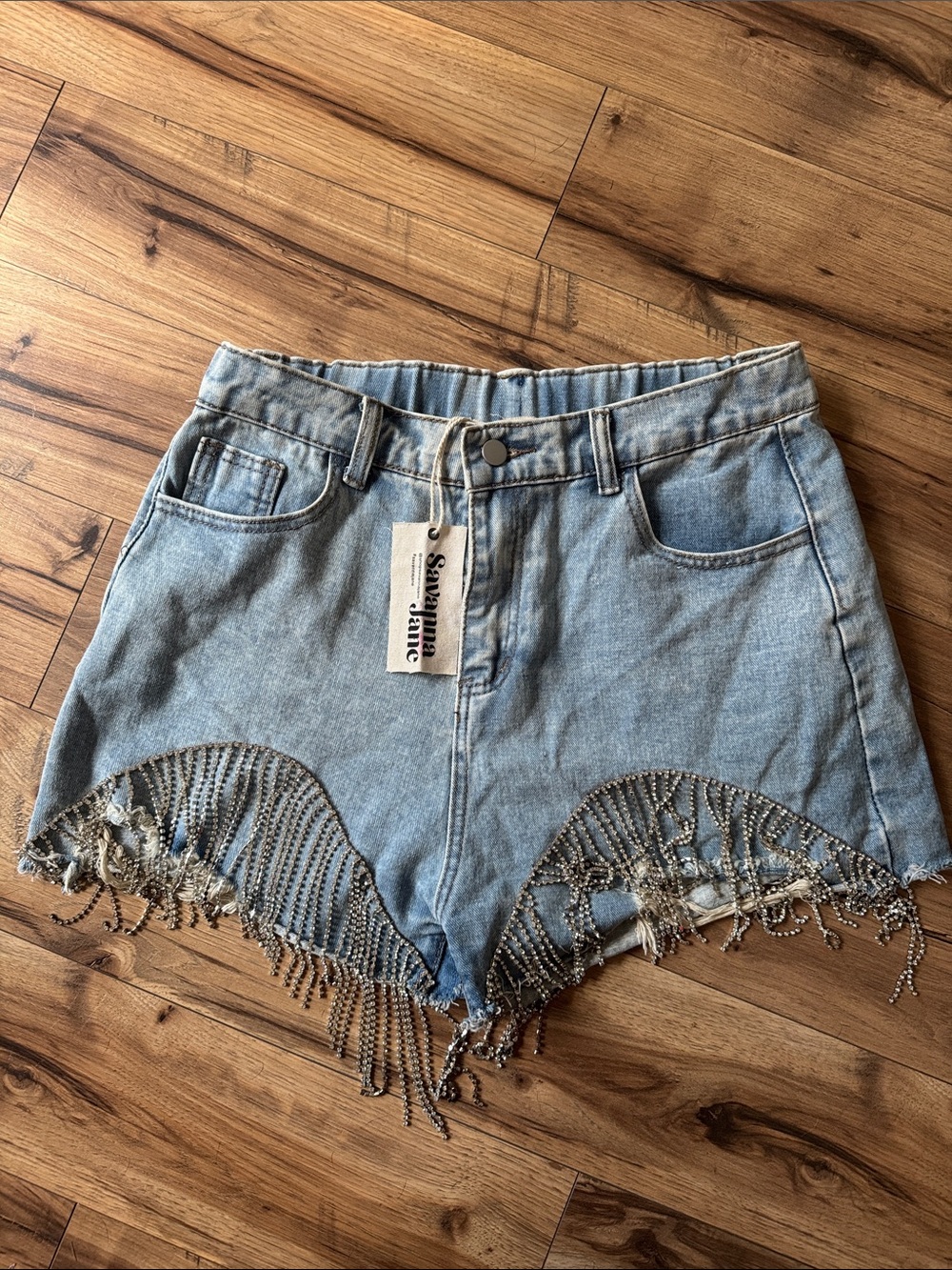 Savanna Jane High-Rise Light Blue Denim Shorts with Beaded Fringe size L